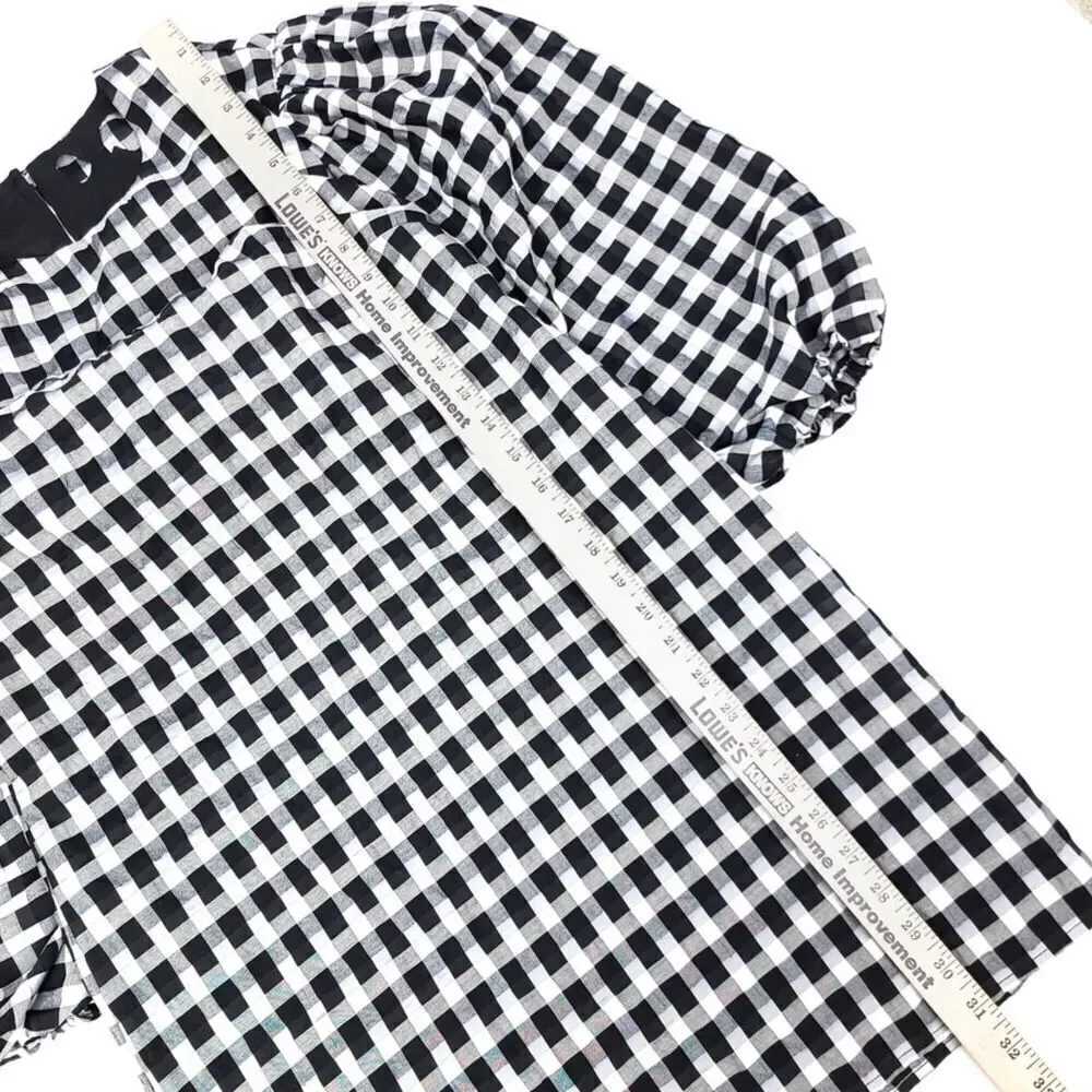 J CREW Puff Sleeve mini dress textured plaid Womens XS Cottagecore Black White